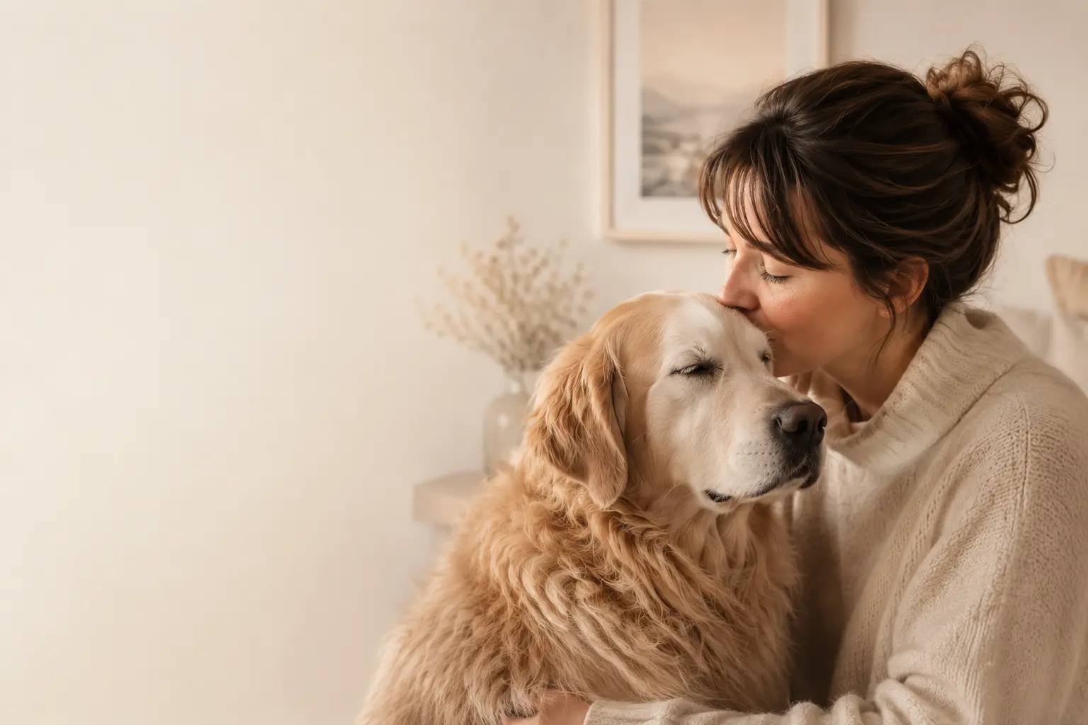 A woman sharing a quiet moment with her golden retriever